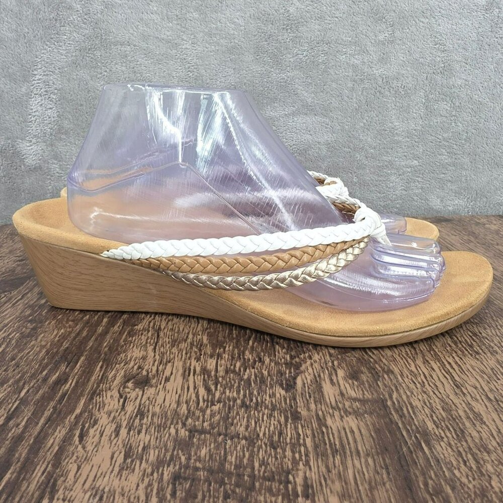 Vionic Ramba Wedge Heels 11 White Tan Metallic Gold Braided Thong Straps Beachy - Picture 6 of 13